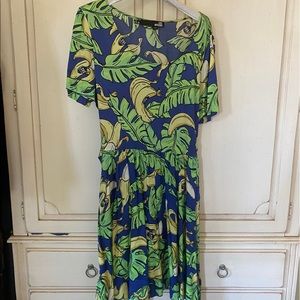 Love Moschino Blue/Green leaves/yellow bananas patterned Dress 6 Includes hanger